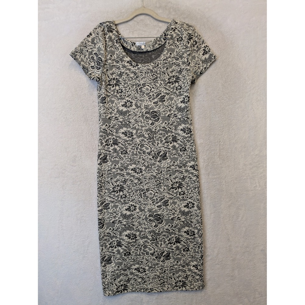 Oxygene‎ Sheath Dress Women's L Black White Floral Lace Print Bodycon Midi